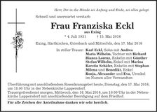 Traueranzeige Franziska Eckl