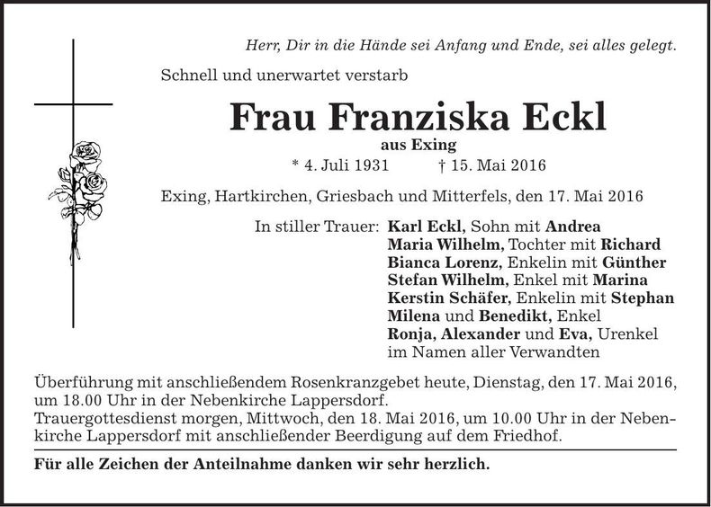 Traueranzeige Franziska Eckl