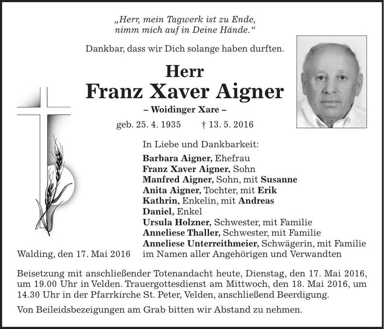 Traueranzeige Franz Xaver Aigner