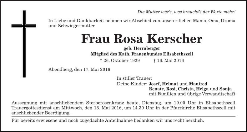 Traueranzeige Rosa Kerscher
