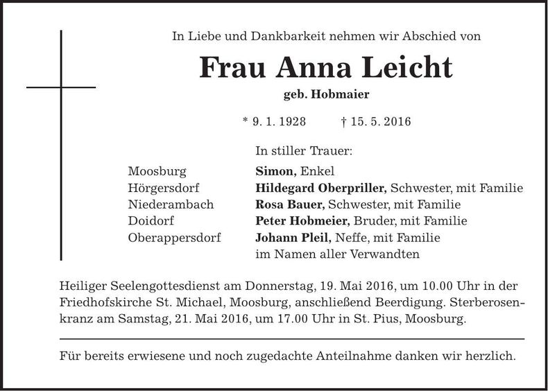 Traueranzeige Anna Leicht