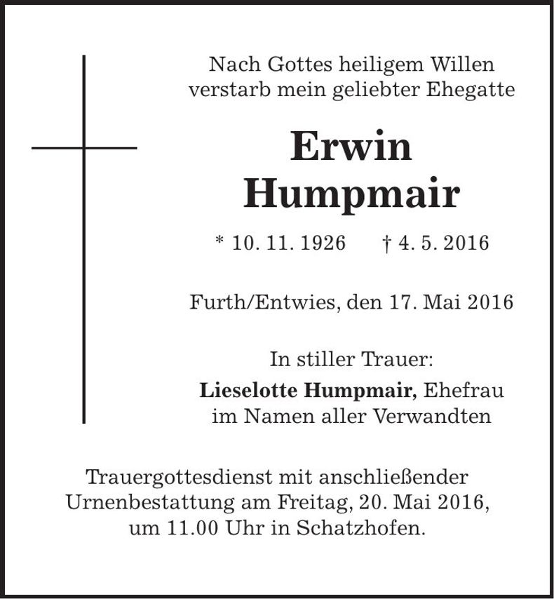Traueranzeige Erwin Humpmair