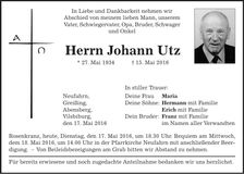 Traueranzeige Johann Utz