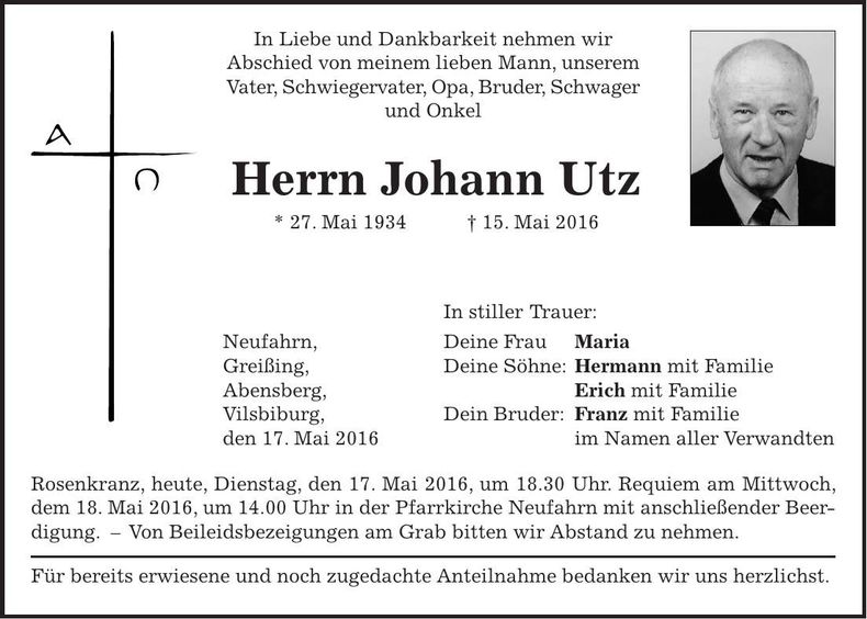 Traueranzeige Johann Utz