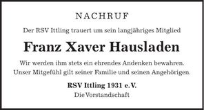 Traueranzeige Franz Xaver Hausladen