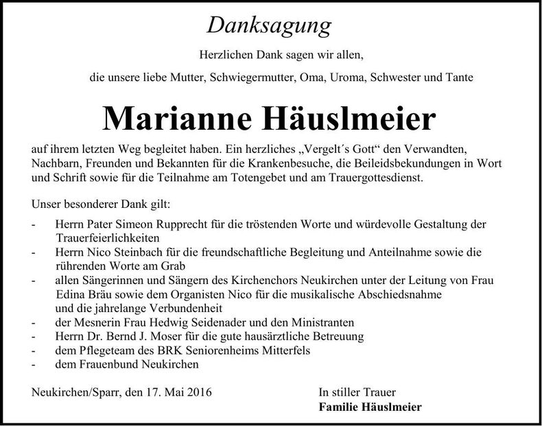Traueranzeige Marianne Häuslmeier