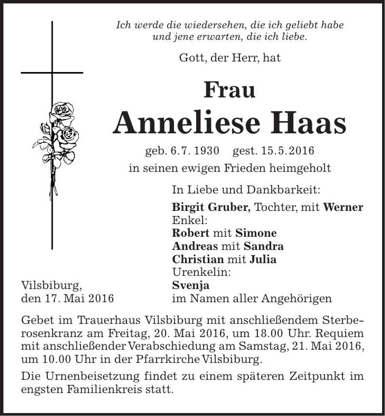 Traueranzeige Anneliese Haas