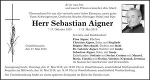 Traueranzeige Sebastian Aigner