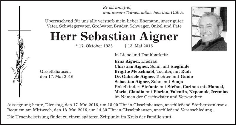 Traueranzeige Sebastian Aigner