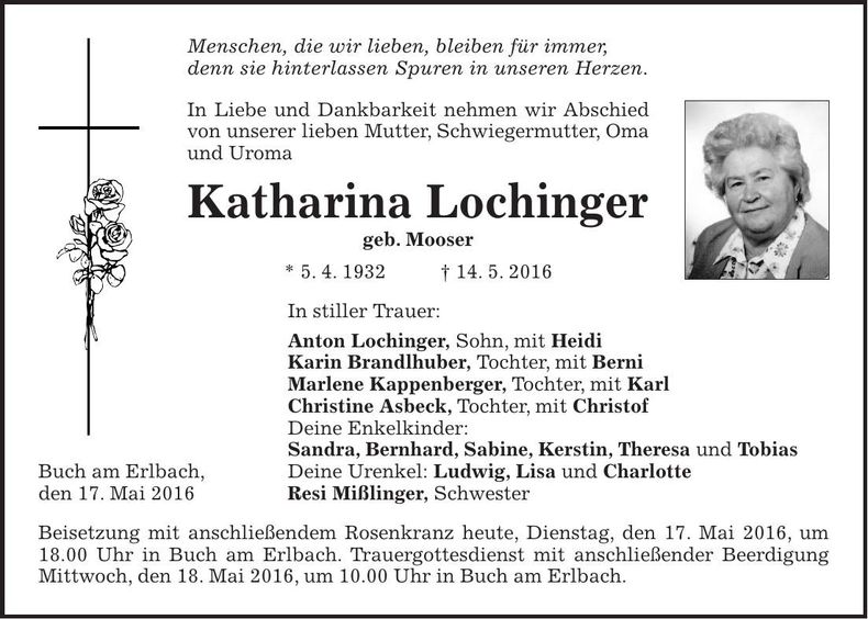 Traueranzeige Katharina Lochinger