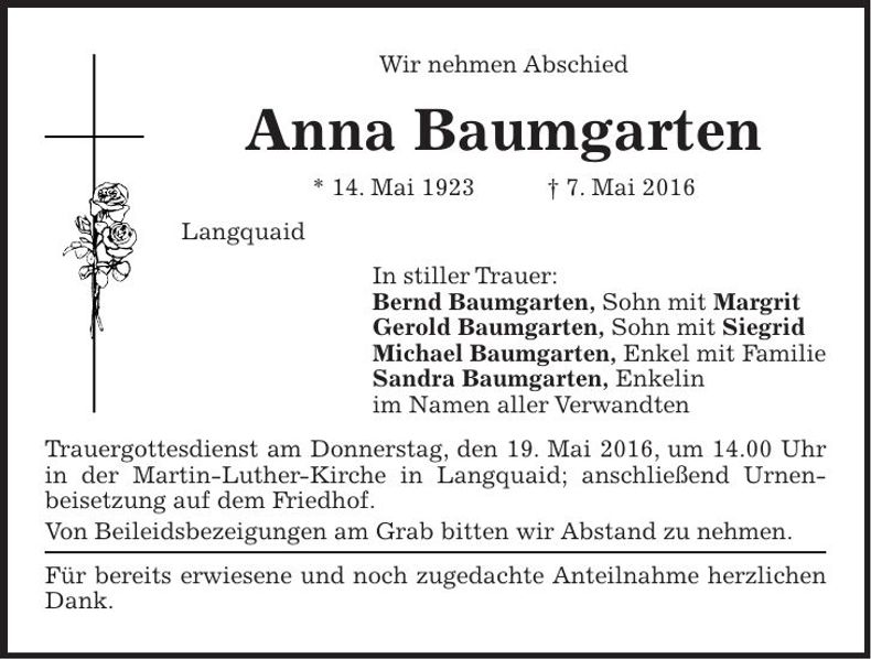 Traueranzeige Anna Baumgarten