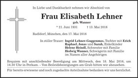 Traueranzeige Elisabeth Lehner