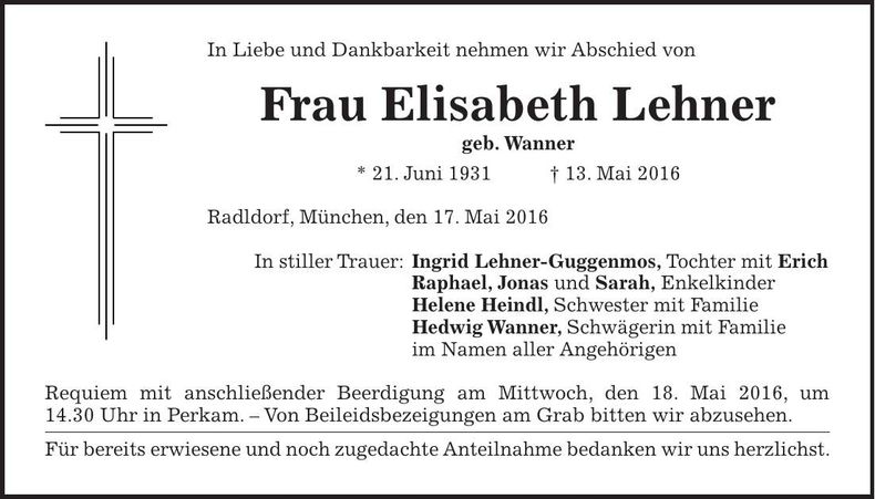 Traueranzeige Elisabeth Lehner