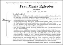Traueranzeige Maria Eglseder