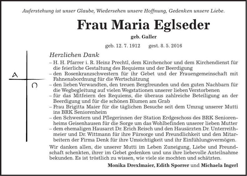 Traueranzeige Maria Eglseder
