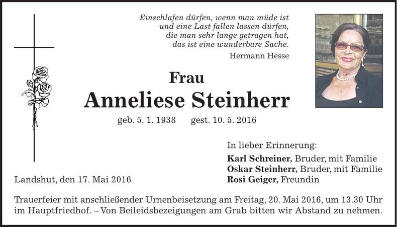 Traueranzeige Anneliese Steinherr
