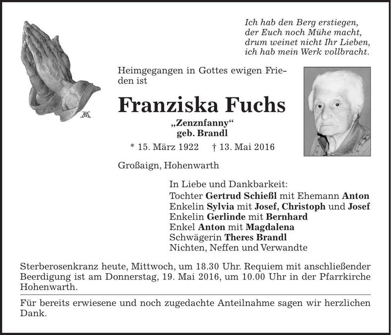 Traueranzeige Franziska Fuchs