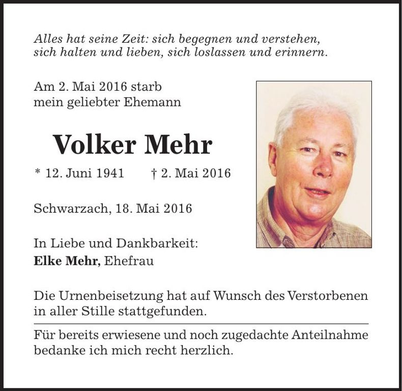 Traueranzeige Volker Mehr