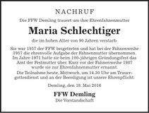 Traueranzeige Maria Schlechtiger