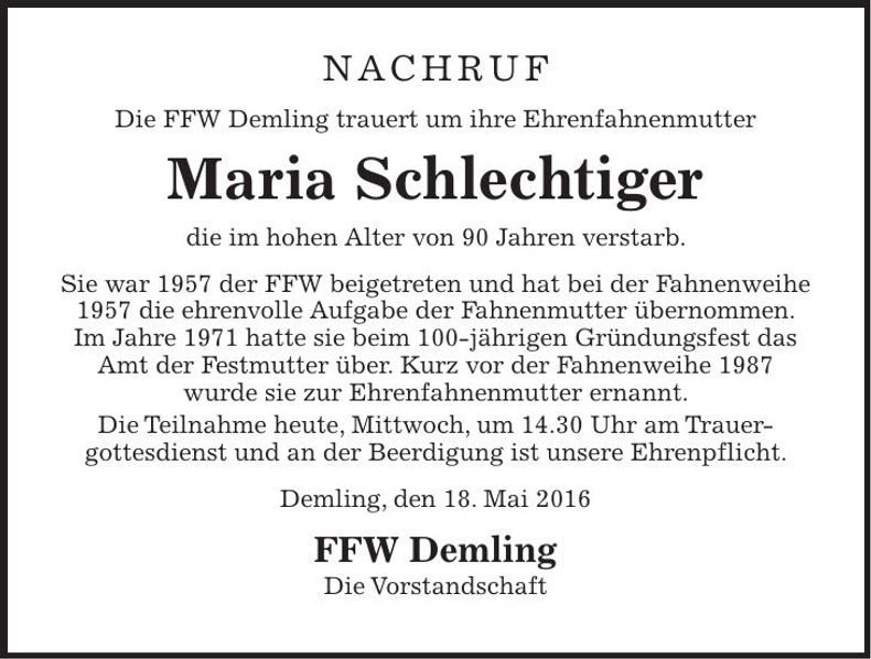 Traueranzeige Maria Schlechtiger