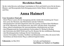 Traueranzeige Anna Haimerl