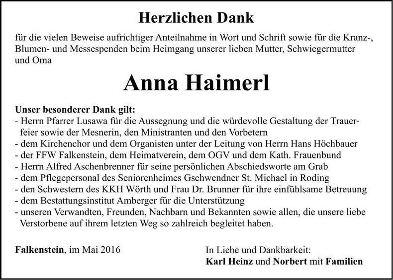 Traueranzeige Anna Haimerl