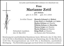 Traueranzeige Marianne Zettl