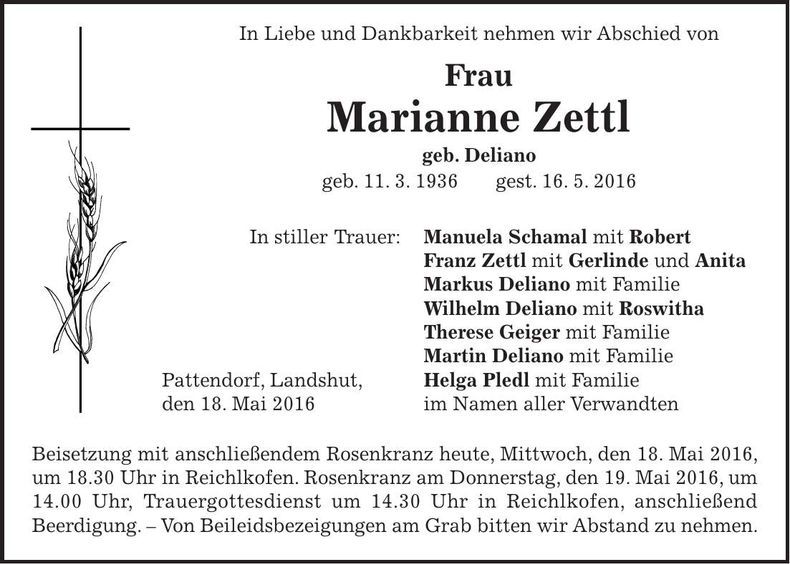 Traueranzeige Marianne Zettl