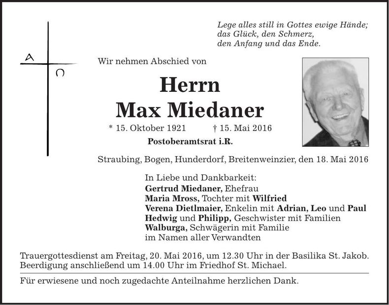 Traueranzeige Max Miedaner