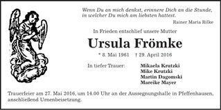 Traueranzeige Ursula Frömke
