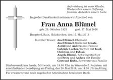 Traueranzeige Anna Blümel
