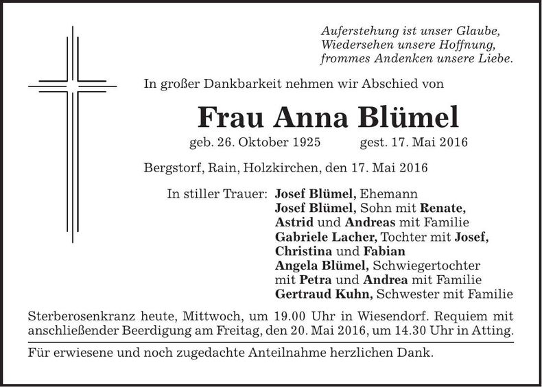 Traueranzeige Anna Blümel