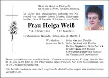 Traueranzeige Helga Weiß