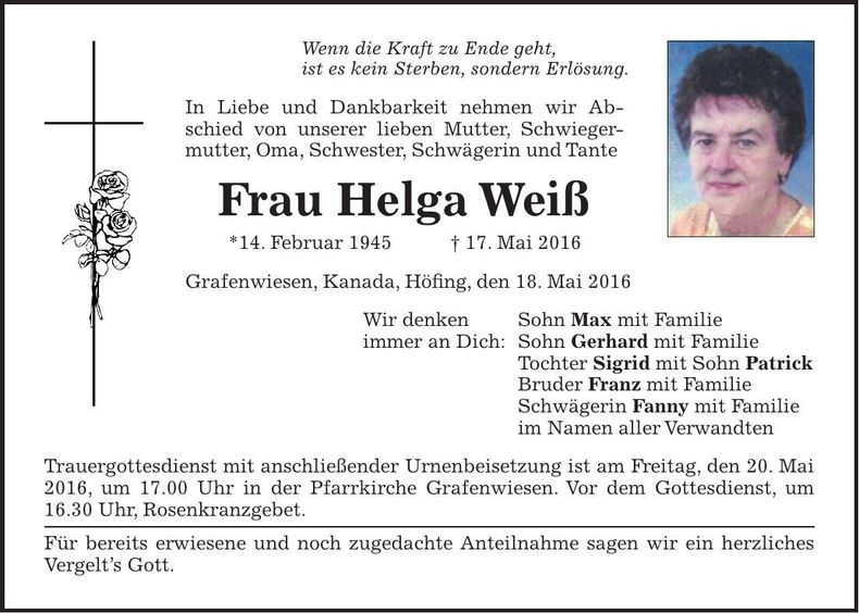 Traueranzeige Helga Weiß
