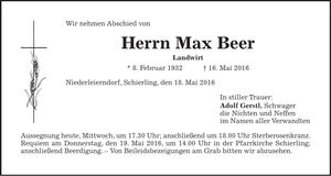 Traueranzeige Max Beer