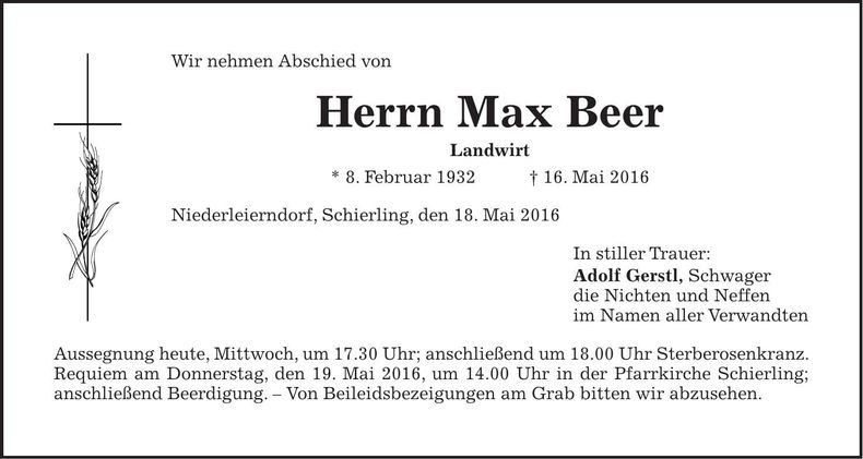 Traueranzeige Max Beer