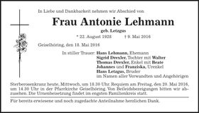Traueranzeige Antonie Lehmann