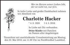 Traueranzeige Charlotte Hacker