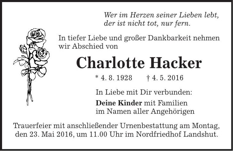 Traueranzeige Charlotte Hacker