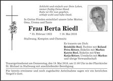 Traueranzeige Berta Riedl