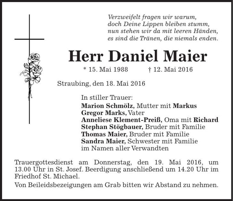 Traueranzeige Daniel Maier
