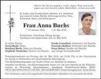 Traueranzeige Anna Buchs
