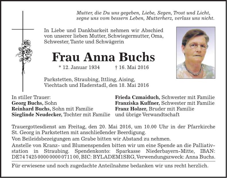Traueranzeige Anna Buchs