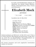 Traueranzeige Elisabeth Mock