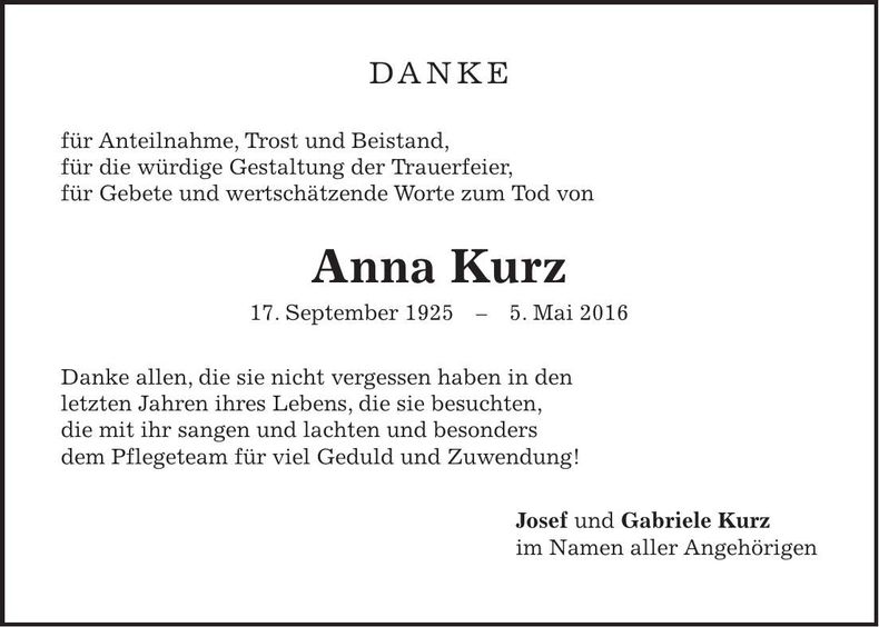 Traueranzeige Anna Kurz