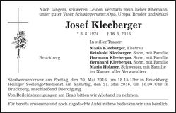 Traueranzeige Josef Kleeberger