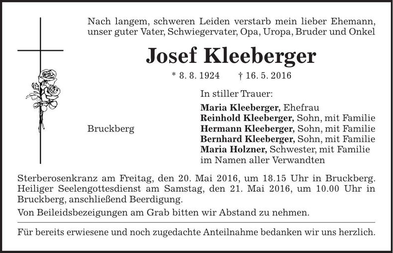 Traueranzeige Josef Kleeberger
