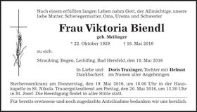Traueranzeige Viktoria Biendl