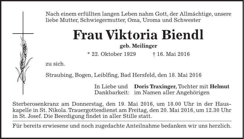 Traueranzeige Viktoria Biendl