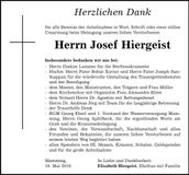 Traueranzeige Josef Hiergeist